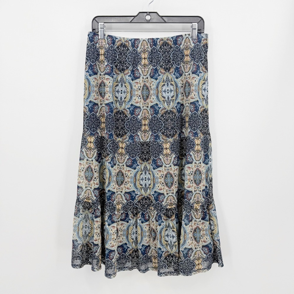 Christopher & Banks Petite Blue Paisley Tiered Midi Skirt PL Stretch Boho Chic